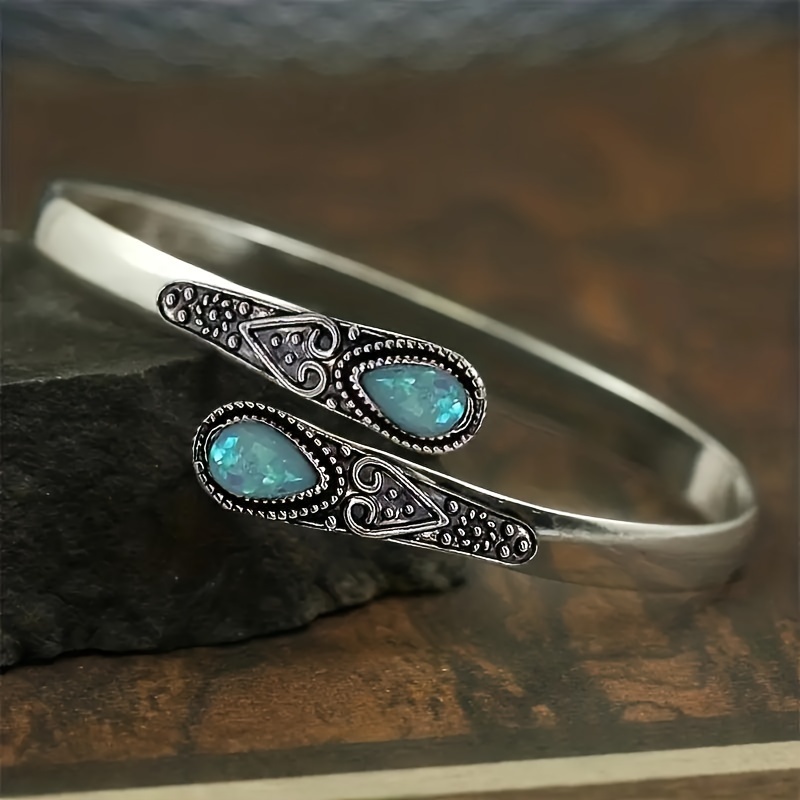 Boho Adjustable Cuff Bracelet with Synthetic Gem Inlay